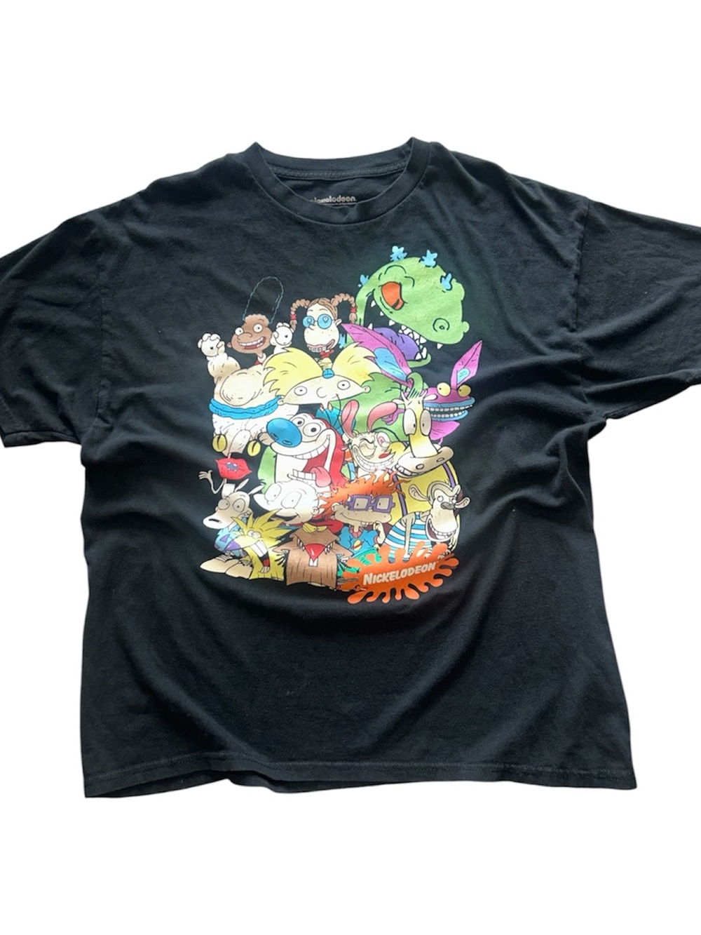 Nickelodeon Black Tee with Multicolor Cartoon Print